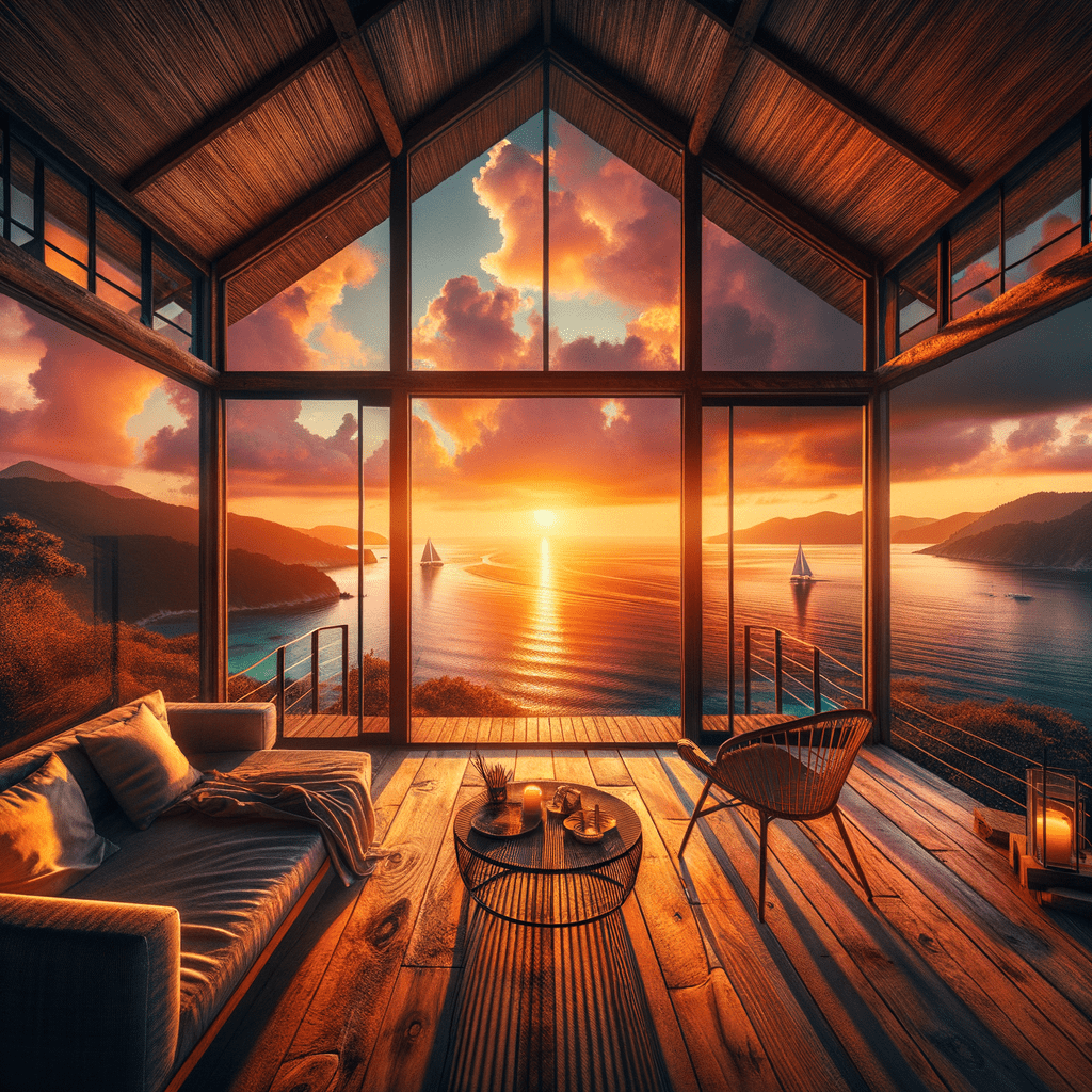 Erstelle mir ein Bild mit einem Meer und einer aussicht, aus einem Haus. Man sieht den Sonnenuntergang