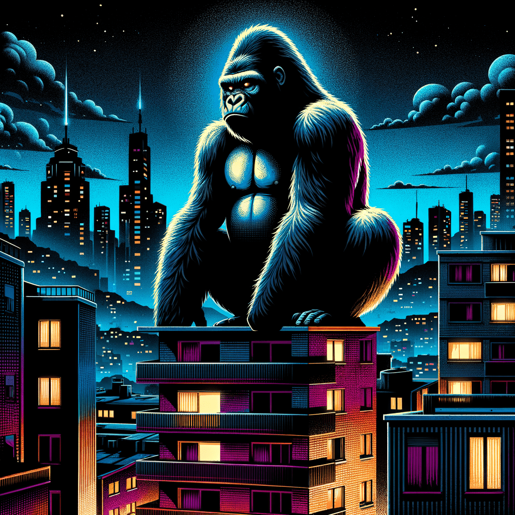Show me King Kong in the roof of a house. In the background is a city in the dark.