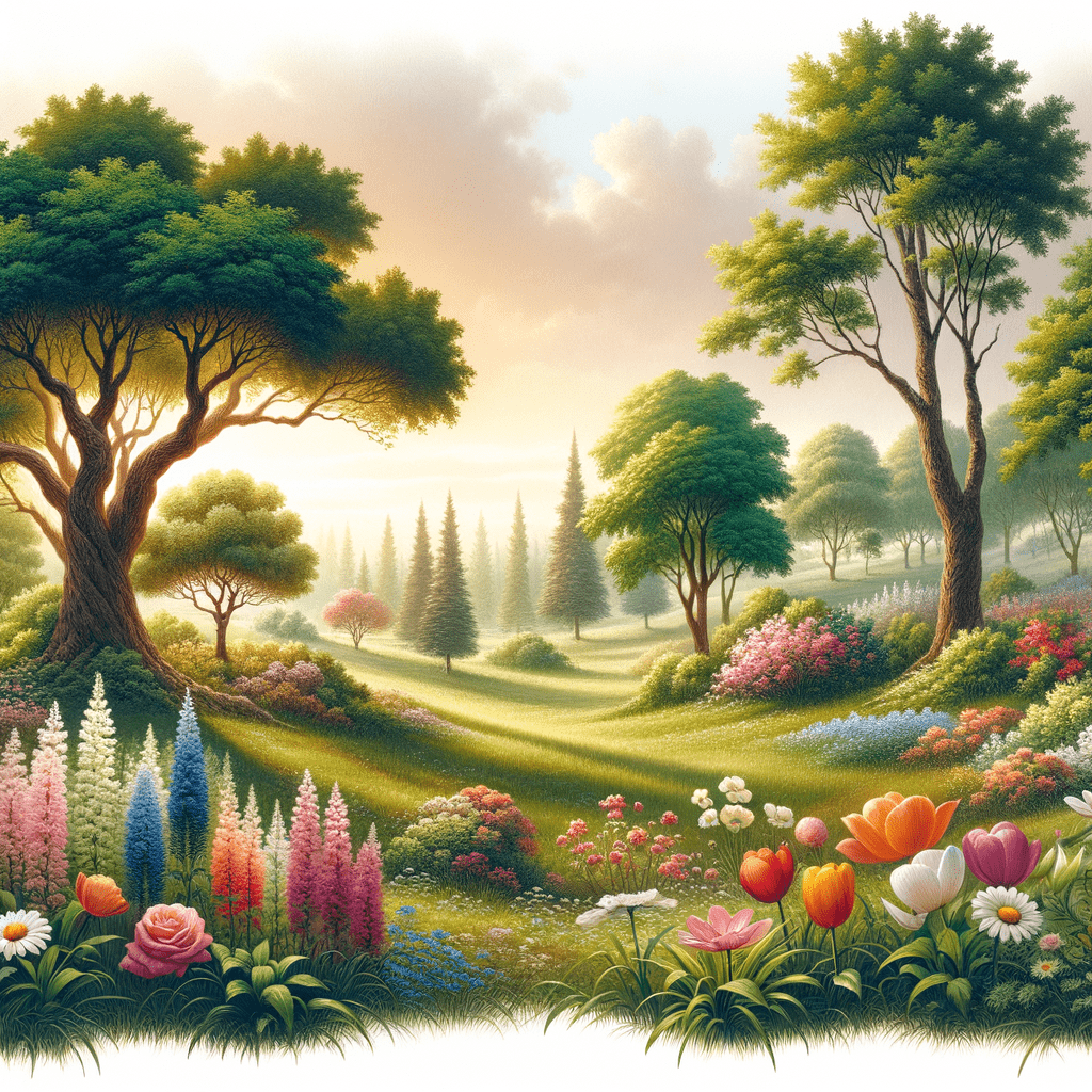 Erstelle mir eine Landschaft mit vielen Bäumen und Blumen